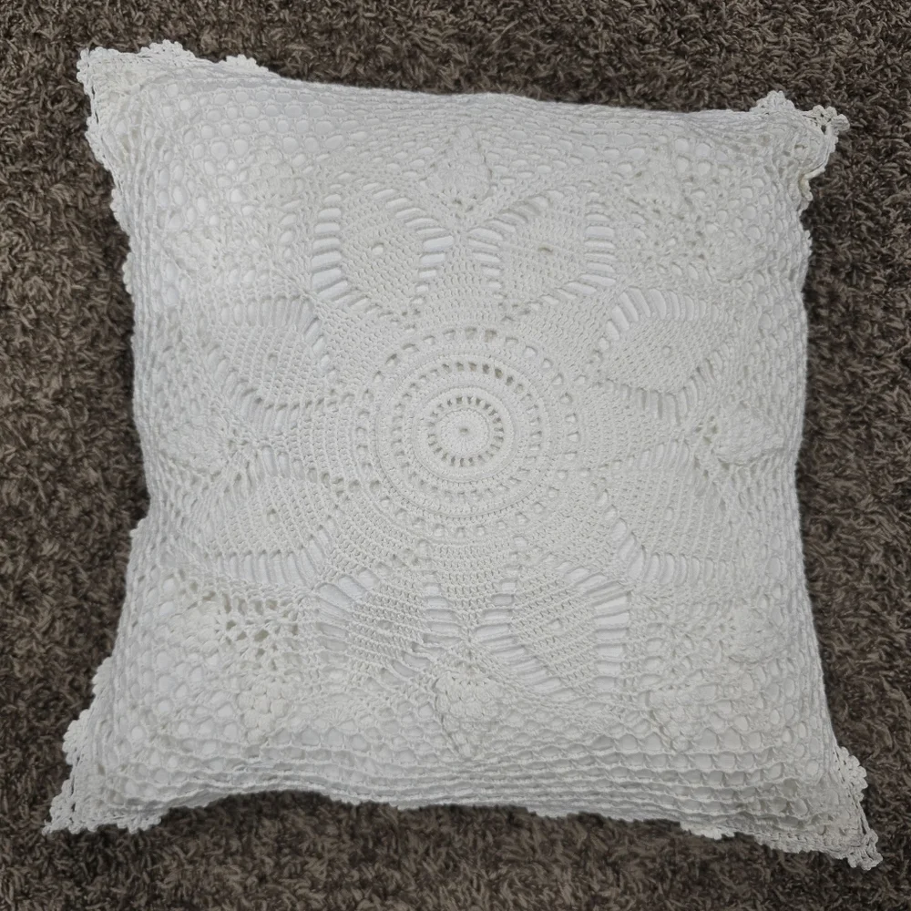 Elegant White Crochet Throw Pillow 16x16